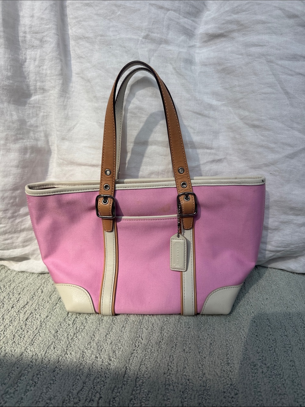 Vintage Coach Pink Canvas Mini Tote with Cream Trim and Tan Leather Handles